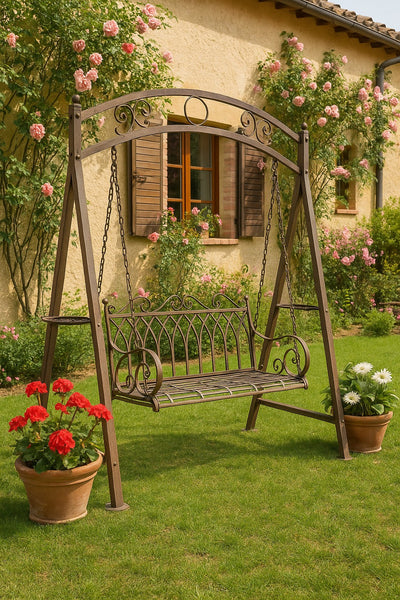 Biscottini Dondolo a due posti in ferro battuto finitura ruggine anticata L198xPR100xH220 cm