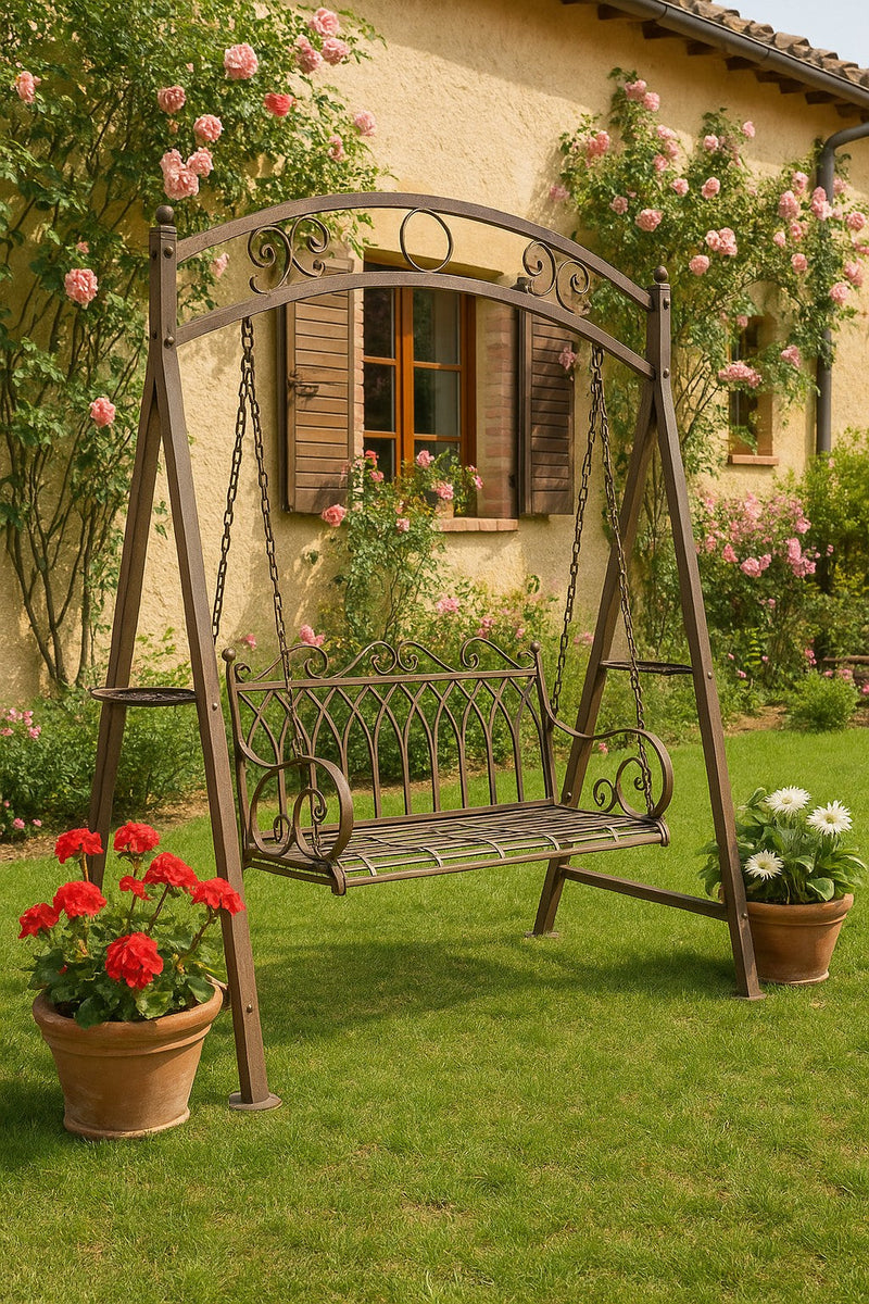 Biscottini Dondolo a due posti in ferro battuto finitura ruggine anticata L198xPR100xH220 cm