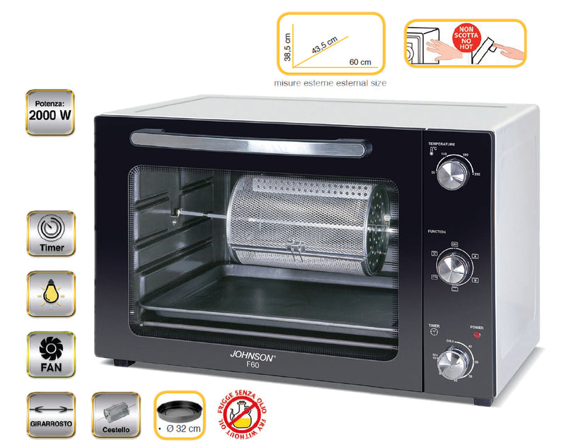 Forno Elettrico Multifunzione Friggitrice Aria 2000W 60L Ventilato Pareti Fredde