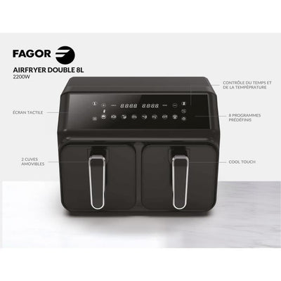 Airfryer 8L - FAGOR - Friggitrice senza olio 2 vasche da 4L - 2200W - 8 programmi - Nero