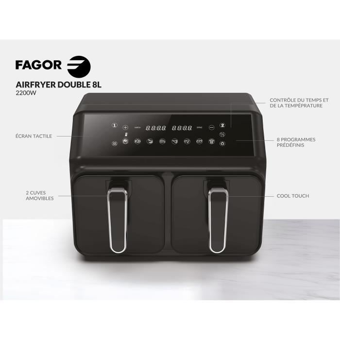 Airfryer 8L - FAGOR - Friggitrice senza olio 2 vasche da 4L - 2200W - 8 programmi - Nero
