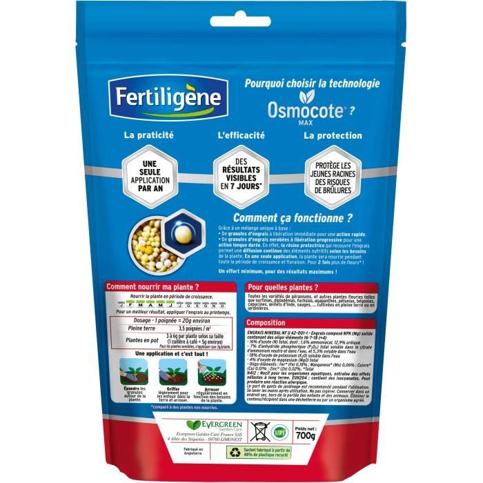 FERTILIGeNE - Concime a lunga tenuta Osmocote max Geraniums, Dipladenias, Surfinias 700g