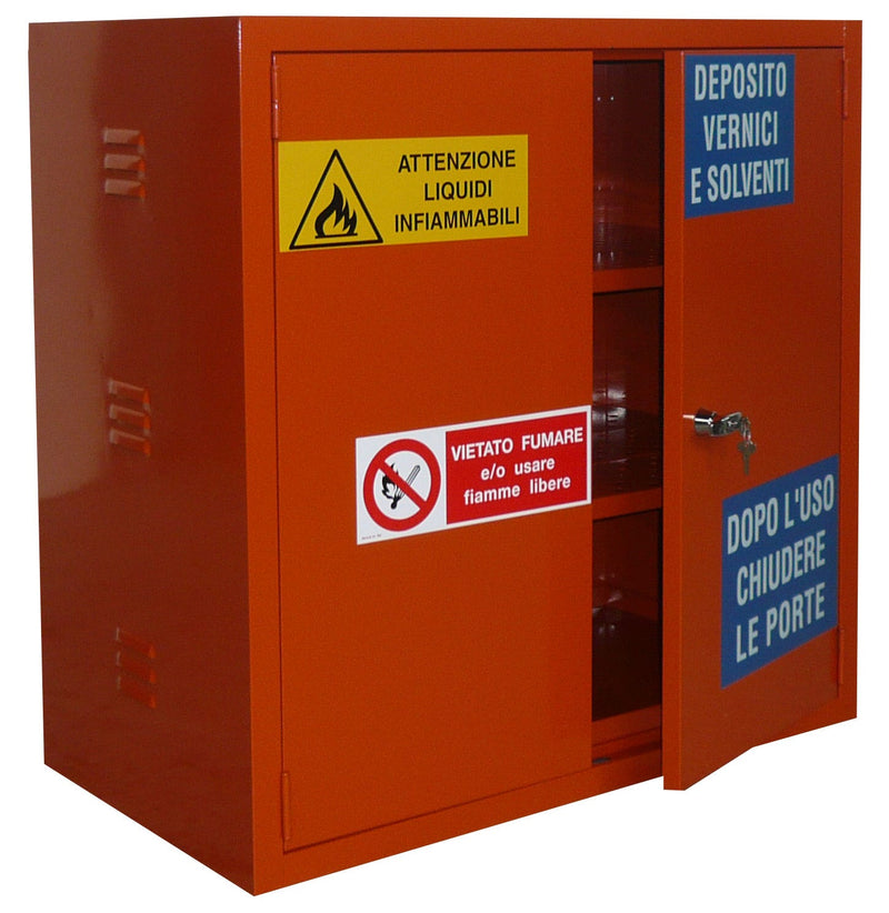 Armadio per stoccaggio prodotti infiammabili e comburenti monoblocco in lamiera sp. 10/10 cm. 100x55x100H