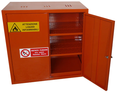 Armadio per stoccaggio prodotti infiammabili e comburenti monoblocco in lamiera sp. 10/10 cm. 100x55x100H