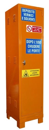 Armadio per stoccaggio prodotti infiammabili monoblocco in lamiera sp. 10/10 cm. 50x55x200h