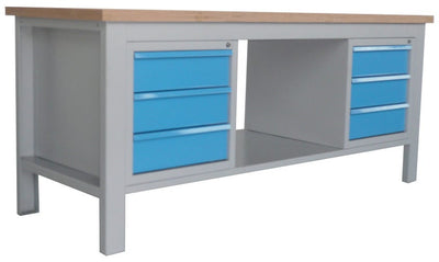 Banco da officina fornito montato con piano in legno di faggio, 2 cassettiere laterali con 3 cassetti e vano centrale aperto cm. 200x75x88h
