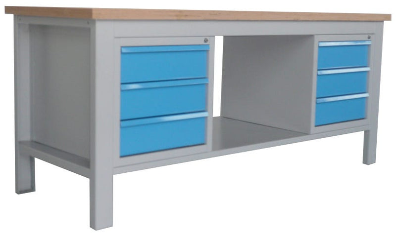 Banco da officina fornito montato con piano in legno di faggio, 2 cassettiere laterali con 3 cassetti e vano centrale aperto cm. 200x75x88h