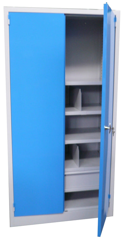 Armadio monoblocco per officine in lamiera con ante battenti e interno con ripiani, cassetti e divisori cm. 100x50x195h