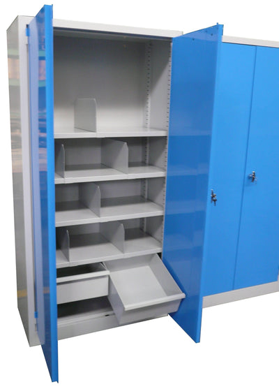 Armadio monoblocco per officine in lamiera con ante battenti e interno con ripiani, cassetti e divisori cm. 100x50x195h