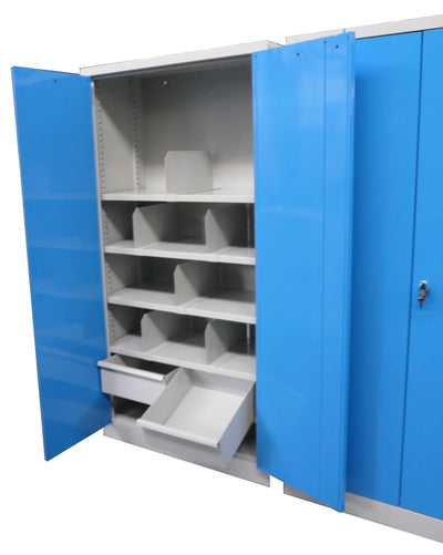 Armadio monoblocco per officine in lamiera con ante battenti e interno con ripiani, cassetti e divisori cm. 100x50x195h
