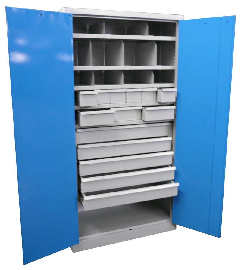 Armadio con cassetti estraibili e separatori realizzato in lamiera di acciaio sp. 10/10 monoblocco verniciato per officina cm. 100x50x200h