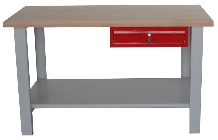 Banco da lavoro con cassetto con serratura e piano in faggio monoblocco cm. 150x75x88h