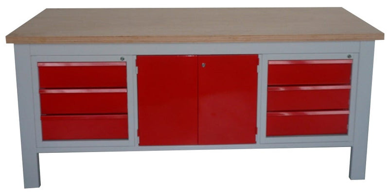 Banco da lavoro con cassettiere e vano centrale con ante monoblocco cm. 200x75x88h