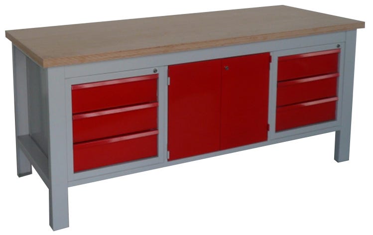 Banco da lavoro con cassettiere e vano centrale con ante monoblocco cm. 200x75x88h