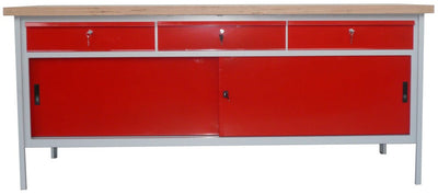 Banco monoblocco con top in legno di faggio sp. mm. 40 con ante e cassetti cm. 200x75x88h