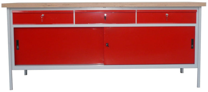 Banco monoblocco con top in legno di faggio sp. mm. 40 con ante e cassetti cm. 200x75x88h