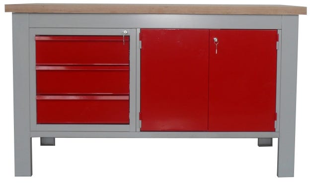 Banco montato per officine con scomparto inferiore a 2 ante e 3 cassetti cm. 150x75x88h