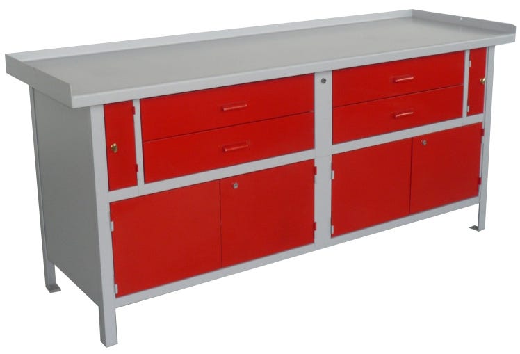 Banco officina monoblocco con top superiore in lamiera di acciaio, vani inferiori e cassetti cm. 200x65x88h