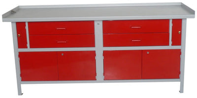 Banco officina monoblocco con top superiore in lamiera di acciaio, vani inferiori e cassetti cm. 200x65x88h