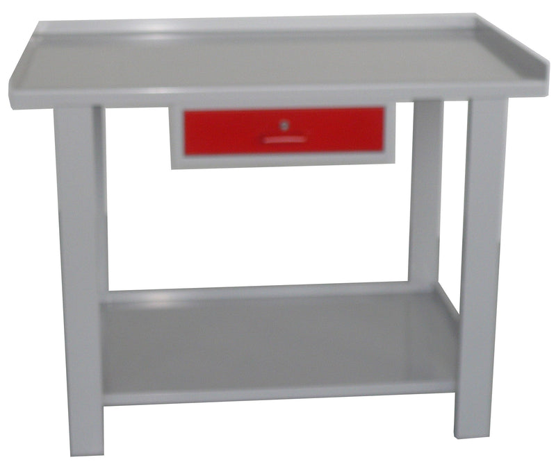 Banco monoblocco con top in lamiera con bordo perimetrale anticaduta e cassetto centrale cm. 120x70x88h