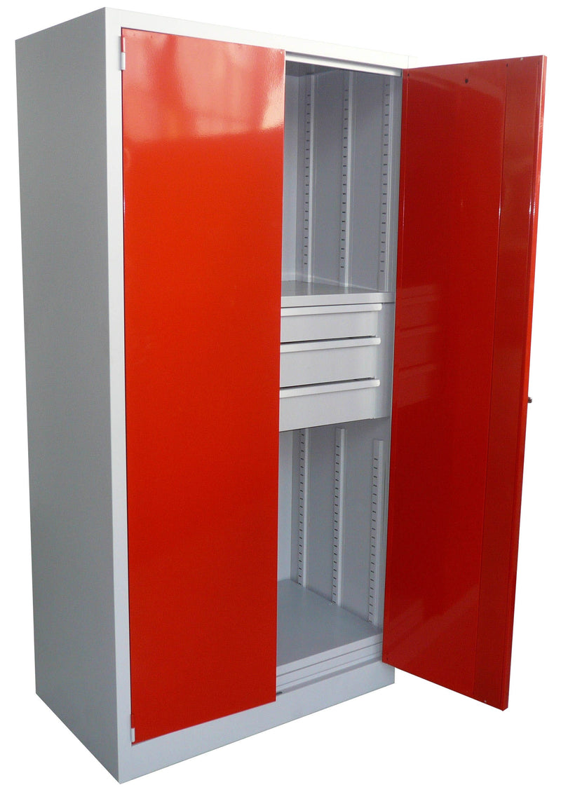 Armadio officina verniciato con ante battenti realizzato in lamiera sp. 10/10 con ripiani regolabili e cassetti cm. 100x60x200h