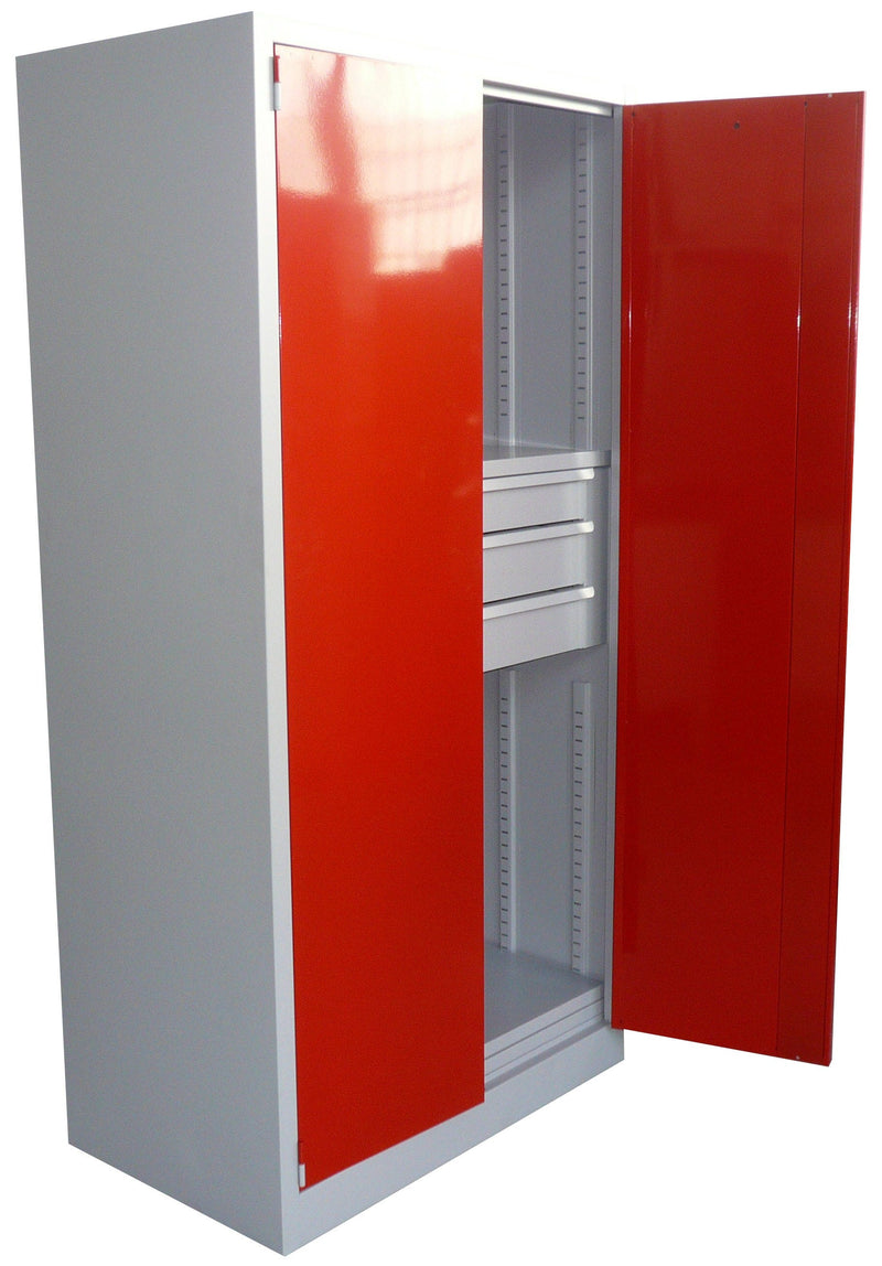 Armadio officina verniciato con ante battenti realizzato in lamiera sp. 10/10 con ripiani regolabili e cassetti cm. 100x60x200h