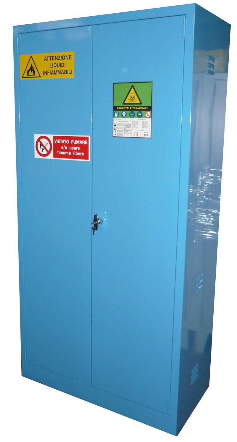 Armadio di sicurezza monoblocco per prodotti fitosanitari in lamiera sp. 10/10 cm. 100x55x200H