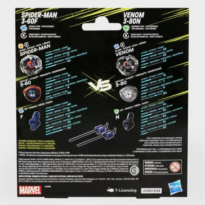 Beyblade X Marvel Collaborazione Spider-Man 3-60F vs. Venom 3-80N, confezione multipla