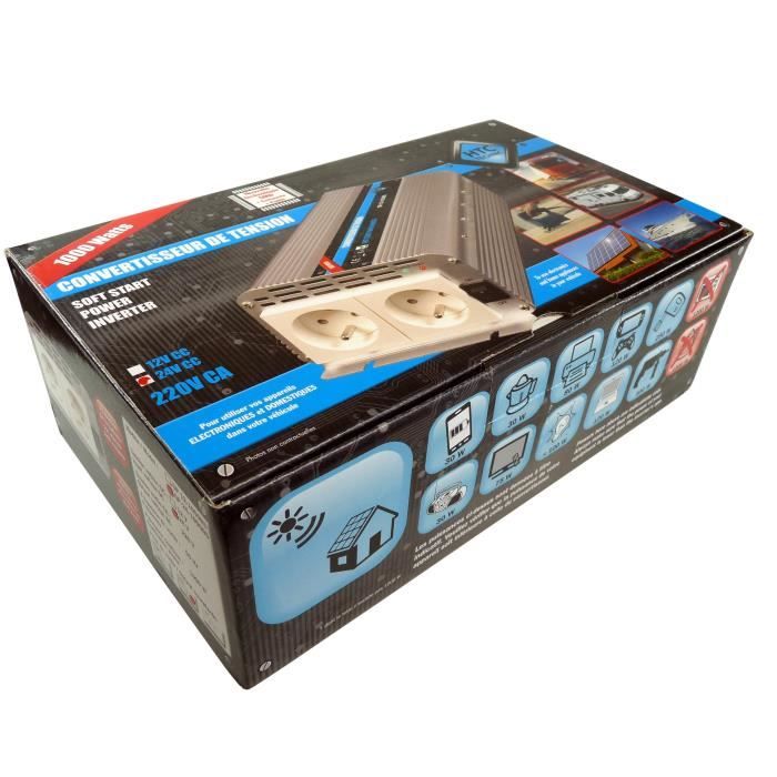 Convertitore di tensione HTC 24/220 V 1000 W con 2 prese di rete