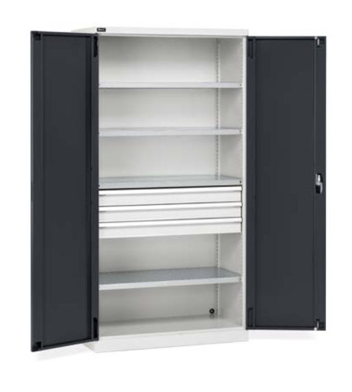 Armadio metallico a porte battenti con 4 ripiani e 3 cassetti ad estrazione semplice cm. 102,3x55,5x200h