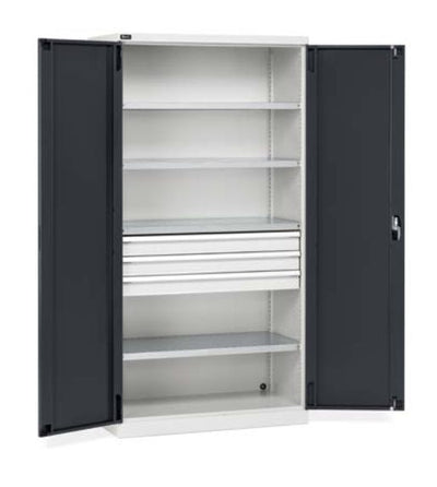 Armadio metallico a porte battenti con 4 ripiani e 3 cassetti ad estrazione semplice cm. 102,3x55,5x200h