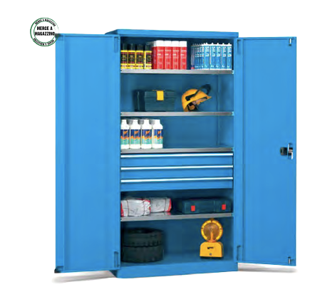 Armadio metallico a porte battenti con 4 ripiani e 3 cassetti ad estrazione semplice cm. 102,3x55,5x200h