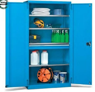Armadio metallico a porte battenti con 4 ripiani e 1 cassetto cm. 102,3x55,5x200h