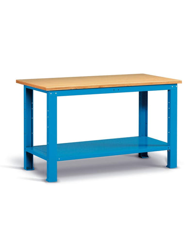 Banco da lavoro fisso di metallo con piano superiore di legno cm. 150x75x88h