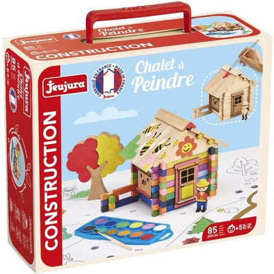 Chalet da dipingere 85 pezzi - JEUJURA - Gioco di costruzioni in legno naturale, accessori e vernice inclusi, 26x24x9 cm
