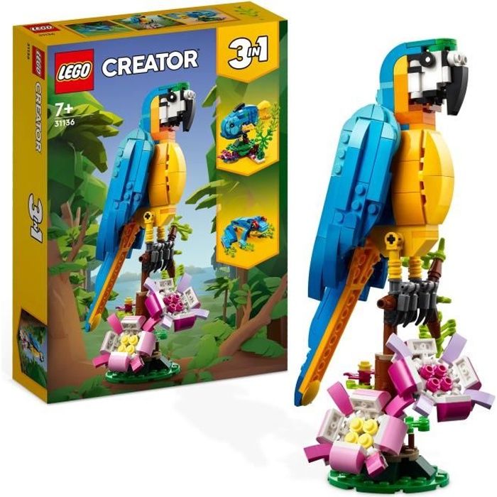 CREATORE LEGO 3-in-1 31136 pappagallo esotico, figurine per animali della giungla, con rana e pesce