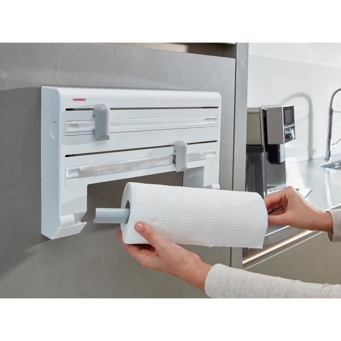 Dispenser da parete Leifheit Parat ComfortLine 25703, dispenser da parete da cucina per 3 rotoli, dispenser di carta con lame affilate