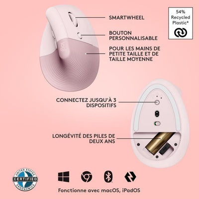 Logitech Lift Mouse Wireless Verticale Ergonomico, Ricevitore USB Bluetooth o Logi Bolt, Silenzioso - Rosa