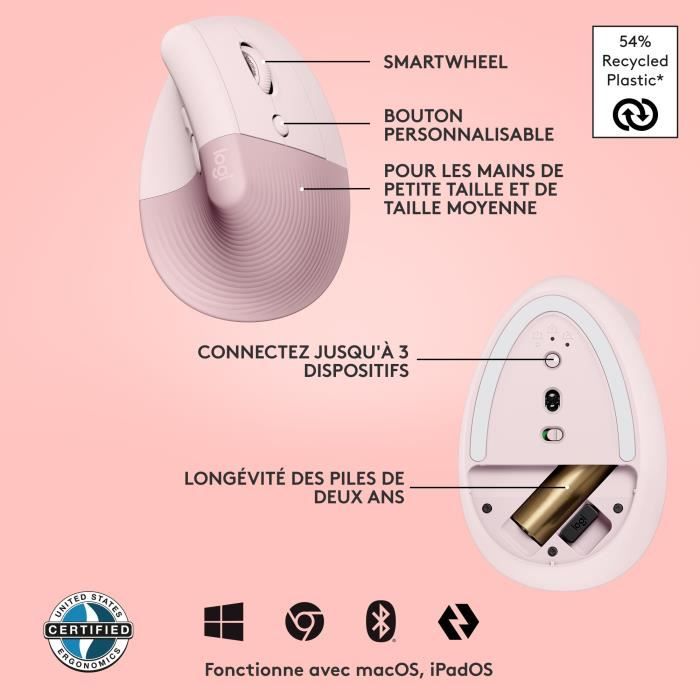 Logitech Lift Mouse Wireless Verticale Ergonomico, Ricevitore USB Bluetooth o Logi Bolt, Silenzioso - Rosa