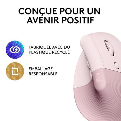 Logitech Lift Mouse Wireless Verticale Ergonomico, Ricevitore USB Bluetooth o Logi Bolt, Silenzioso - Rosa