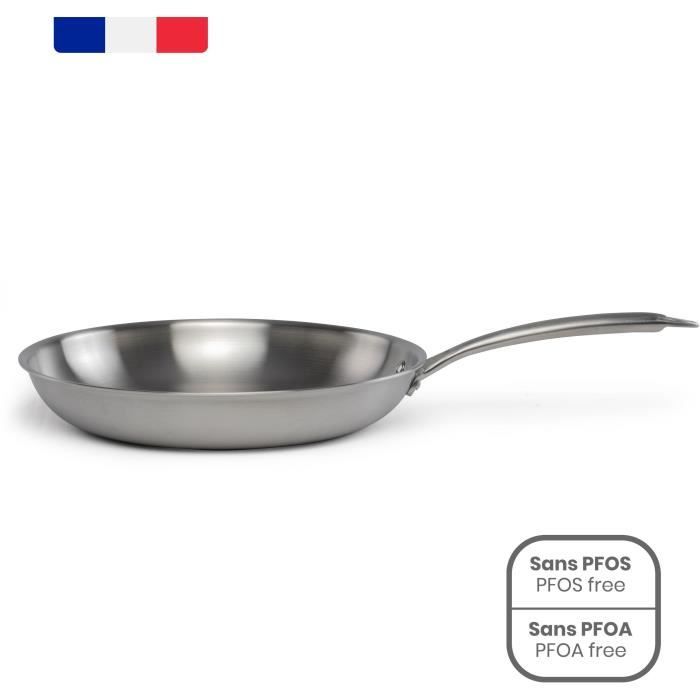 Brigade - Padella in acciaio inox 28 cm - LIVOO - MEP159 - Triplo strato in acciaio inox - Adatta a tutti i piani cottura, anche a induzione - Prodotto in Francia