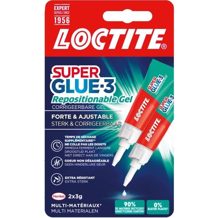 Colle cianoacriliche - LOCTITE - SUPERGLUE-3 - Riposizionabili - Gel 3g - Set di 2 Blister - Scatola 12uc