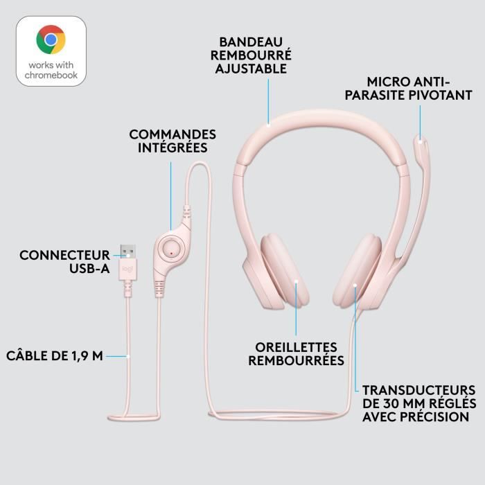 Casco cablato stereo logitech H390 con microfono antibruito, USB -A - ROSA
