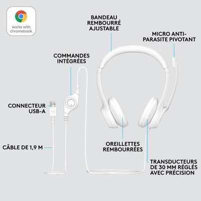 Casco cablato stereo logitech H390 con microfono antibruito, USB -A - Bianco rotto
