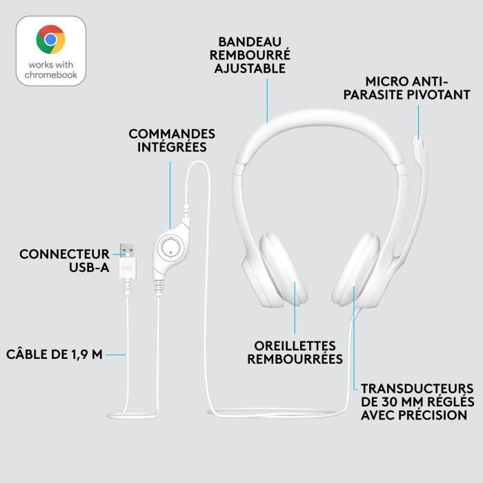 Casco cablato stereo logitech H390 con microfono antibruito, USB -A - Bianco rotto