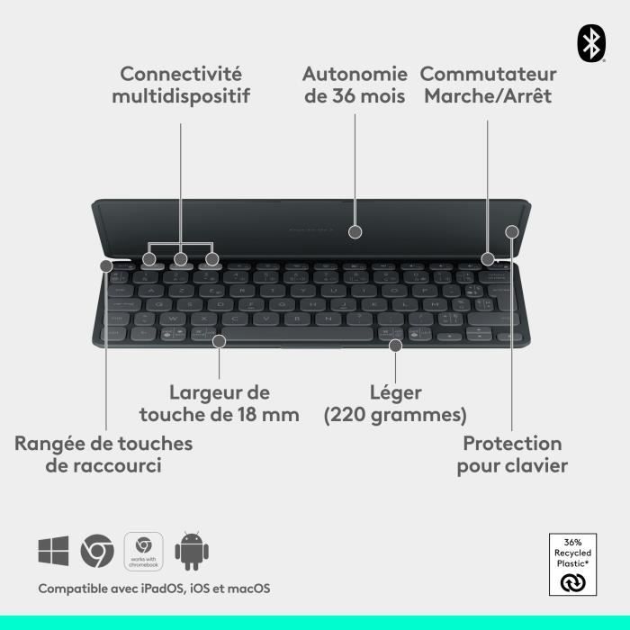 Tastiera portatile - Wireless - Logitech - Keys-To-Go 2 - per Tablet - AZERTY - Grafite