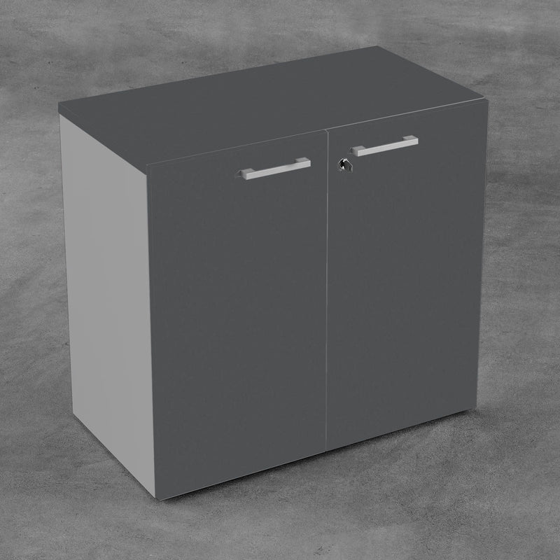 Contenitore basso da ufficio con ante battenti in melaminico in vari colori e struttura grigia cm. 90x43x87h