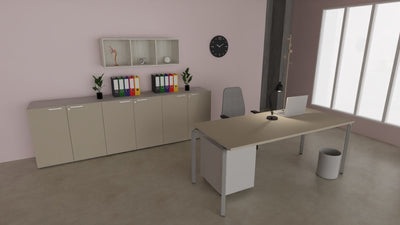 Contenitore basso per archiviazione con ante battenti in melaminico e struttura grigia cm. 180x43x87h