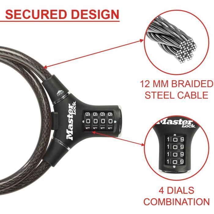 Antifurto per bicicletta - MASTER LOCK - 8229EURDPRO - Cavo da 90 cm - Nero - Acciaio intrecciato