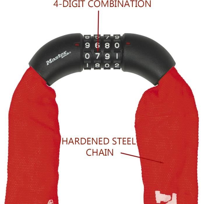 MASTER LOCK Lucchetto a catena per bicicletta [Combinazione] [Catena da 90 cm] [Rosso] 8392EURDPROCOLR